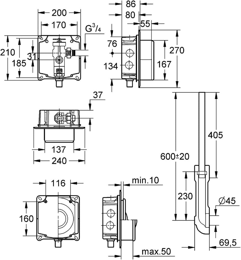 GROHE Druckpsüler für WC (Wandeinbau, 6-9l einstellbar, Spülrohr höhenverstellbar, Wandeinbaukasten