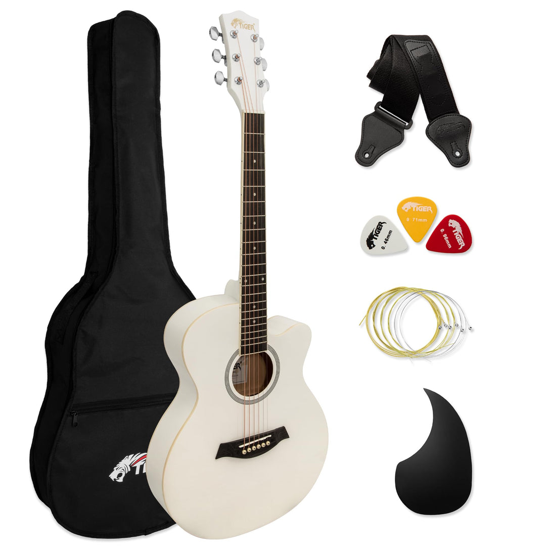 TIGER ACG1-WH Small Body Akustikgitarre, mit Stahlsaiten bespannte Akustikgitarre für Anfänger, Weis