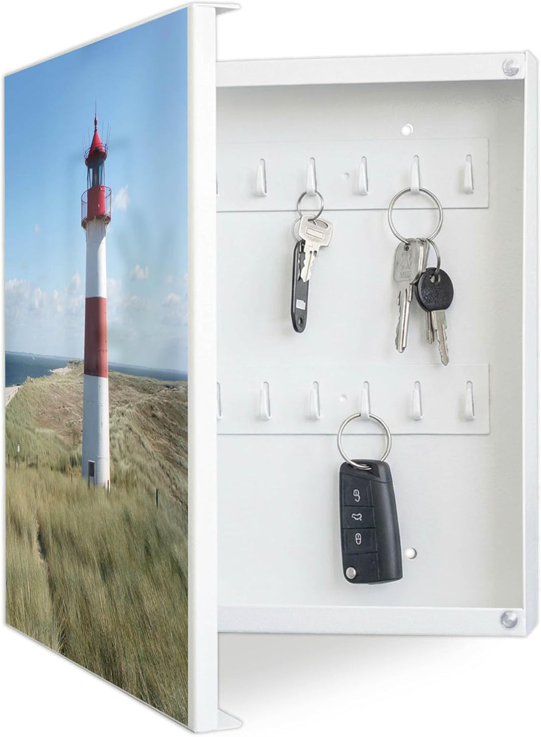 banjado® Grosser Schlüsselkasten Glas/Schlüsselbox 30cm x 30cm mit 50 Haken - Motiv Leuchtturm/Schlü