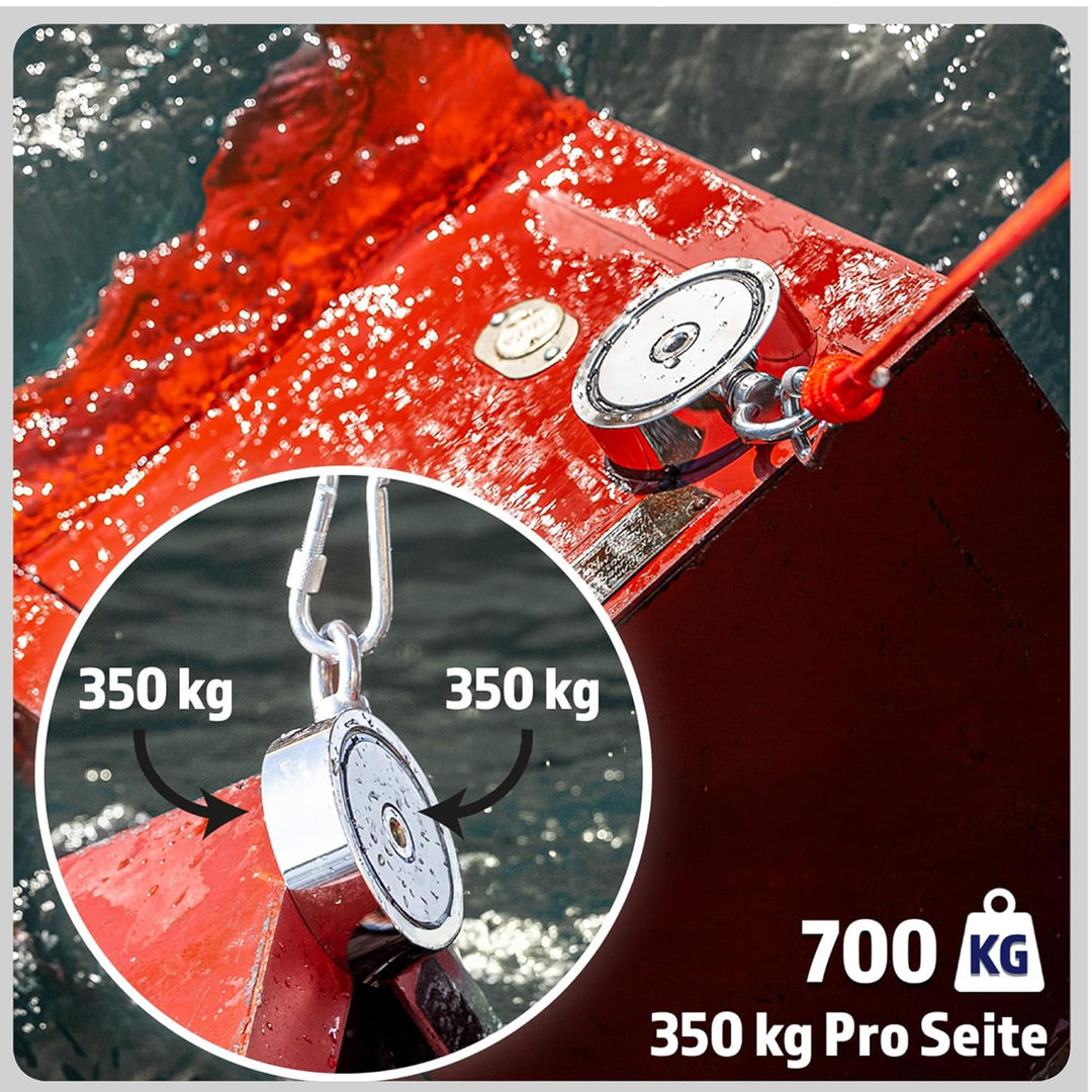 Magnetfischen Mega Set - 700 KG (2 x 350KG) - Ø94mm - Neodym Magnet mit 2 Seilen, Greifhaken & Hands