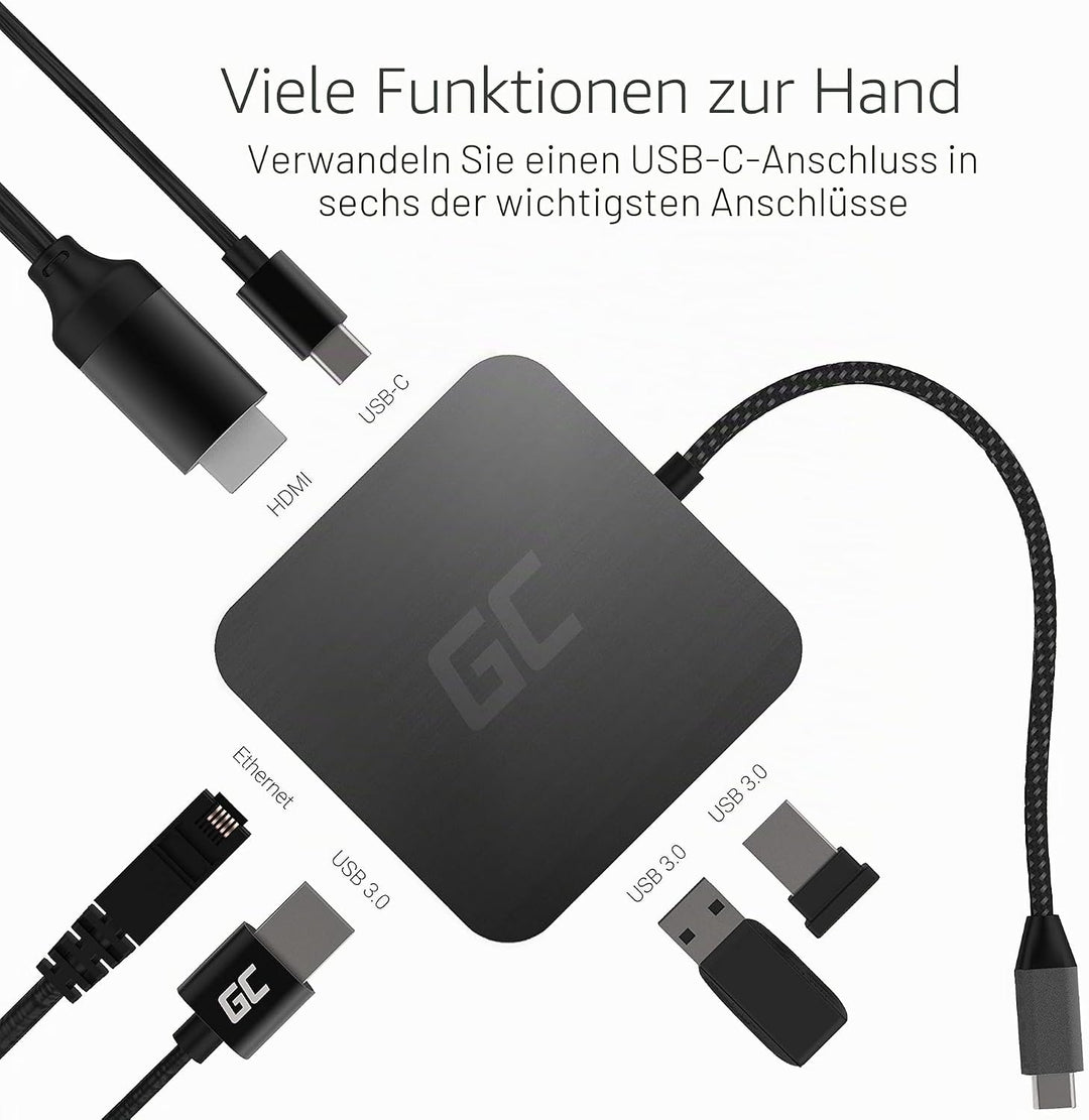 Green Cell Adapter Dockstation GC® USB-C HUB 6 im 1 3X USB 3.0, HDMI 4K, Ethernet, USB-C mit Power D