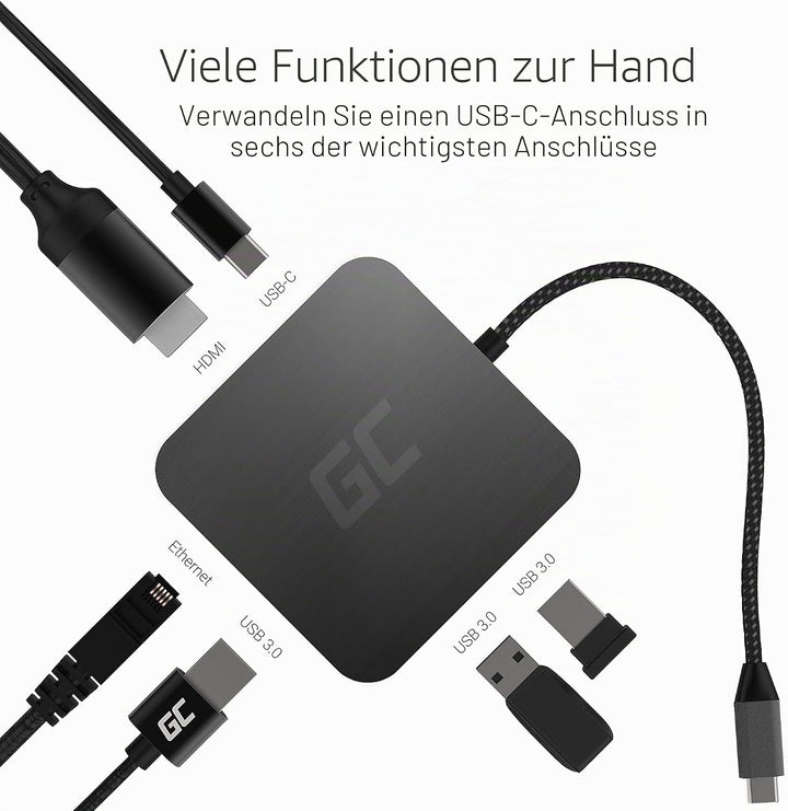 Green Cell Adapter Dockstation GC® USB-C HUB 6 im 1 3X USB 3.0, HDMI 4K, Ethernet, USB-C mit Power D