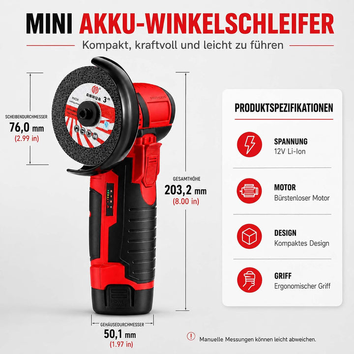 Mini Akku Winkelschleifer 12V, 76mm (3 Zoll) Bürstenloser | 2x 1500mAh Akku &amp; 8 Scheiben, 19500 U/mi