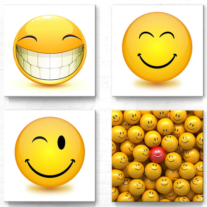 BilderKing Smiley- Wandbilder Set B - 50cm x 50cm, 4er Set Leinwand auf Fertigrahmen + Aufhänger 50x