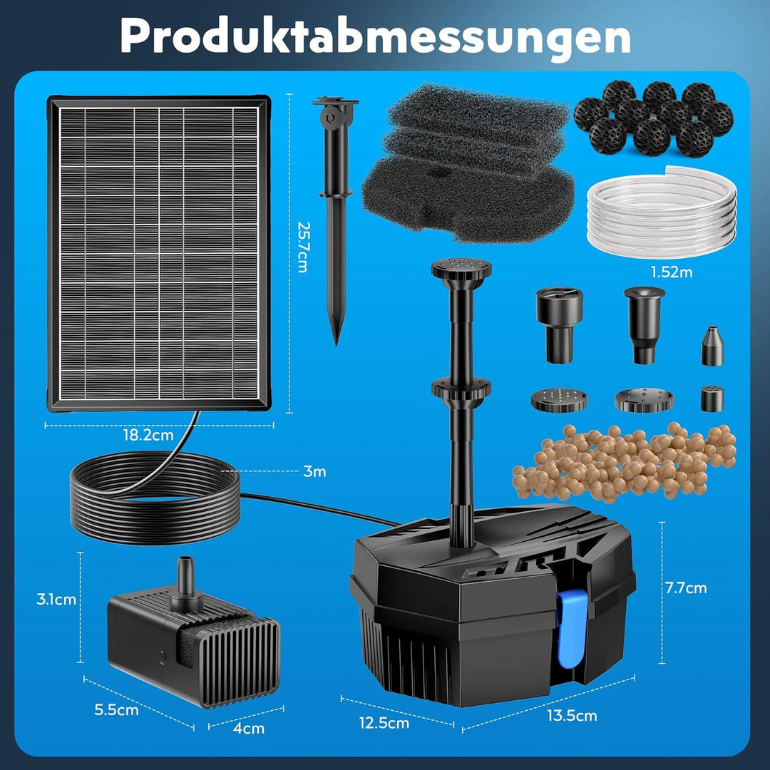 Biling 8W Teichfilter Solar mit Akku und 10 Düsen Solar Teichpumpe mit Filter für klare Teiche bis 5