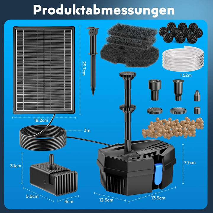 Biling 8W Teichfilter Solar mit Akku und 10 Düsen Solar Teichpumpe mit Filter für klare Teiche bis 5