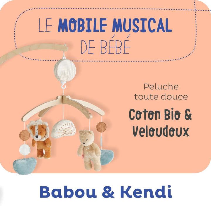 Noukie's - Mobile mit Musik Holz Pastel Babou & Kendi - Mobile Wiege, Gitterbett, Laufstall - Lernsp