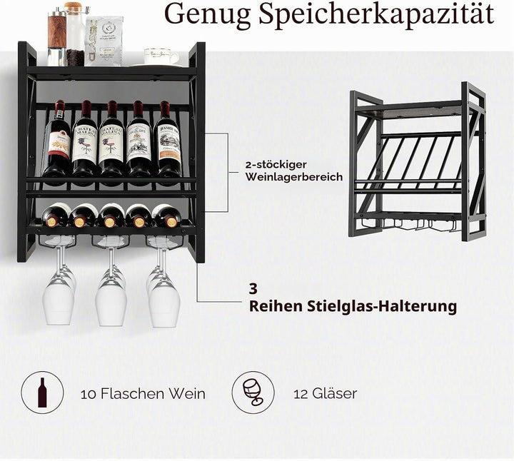 KOMFOTTEU Weinregal Wand, Flaschenregal Holz mit Metallrahmen, dekoratives Wandregal mit Becherhalte
