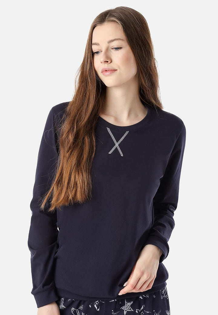 Merry Style Damen Schlafanzug aus Baumwolle Pyjama Nachtwäsche Set MS10-168 S Marineblau-silberne St
