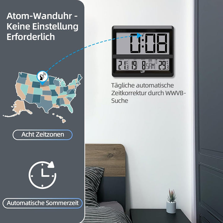 Atomuhr mit Grossem Display, Digitale Wanduhr mit Temperatur Datum Innen Aussen, Drahtloser Aussense