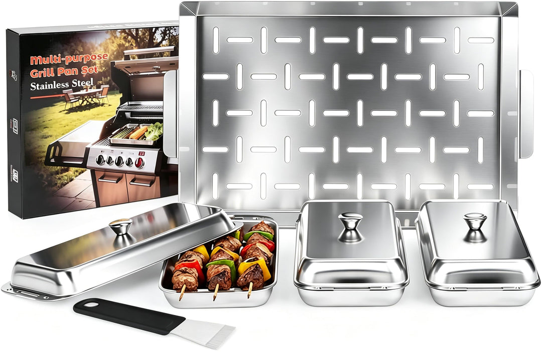 Edelstahl Grillpfännchen 4-teilig Set, Vielseitige Grillschalen für Gas-, Holzkohle- & Ofengrill, Un