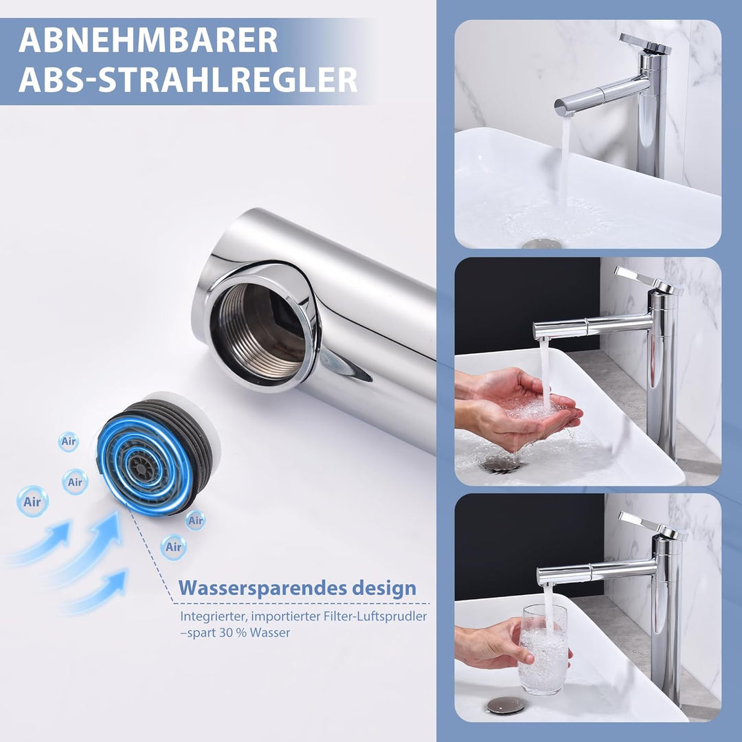 HOMELODY Waschtischarmatur Hoch mit 360°drehbarer Auslauf &amp; Körper - Edelstahl Wasserhahn Bad mit 21