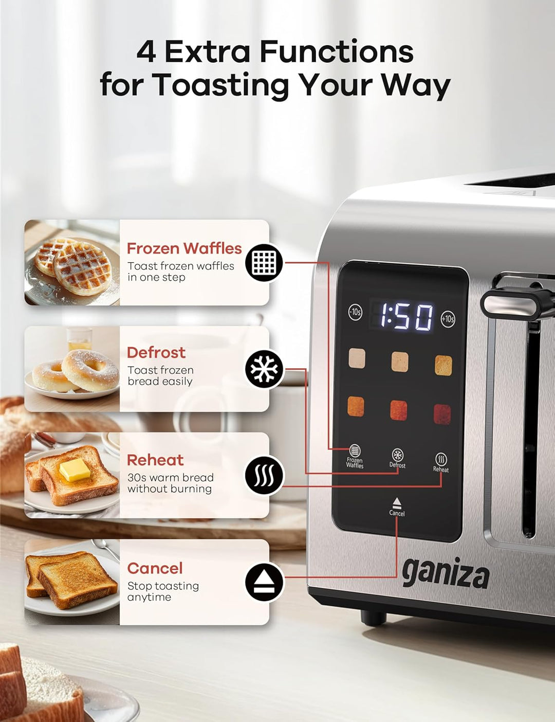 Ganiza Smart Toaster 2 Scheiben, Toaster Edelstahl mit Touchscreen, digitaler Timer, 6 Bräunungsstuf