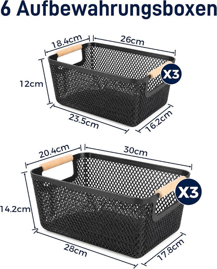 Aufbewahrungsbox Kunststoff Schwarz 6er Set, Kunststoff-Netzkörbe mit Holzgriff, offene Organizer Bo