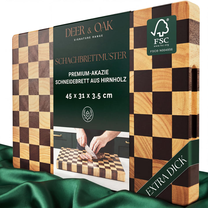 Deer & Oak Stirnholz Akazien Schneidebrett mit Schachmuster & lebensmittelechtem Öl Set – 45 x 31 x