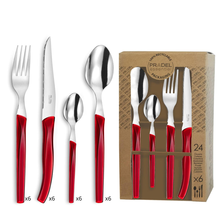 Lou Laguiole RISING SUN Besteck Set 6 Personen | 24-teilig | Rot glänzend | Essbesteck 6 Personen sp
