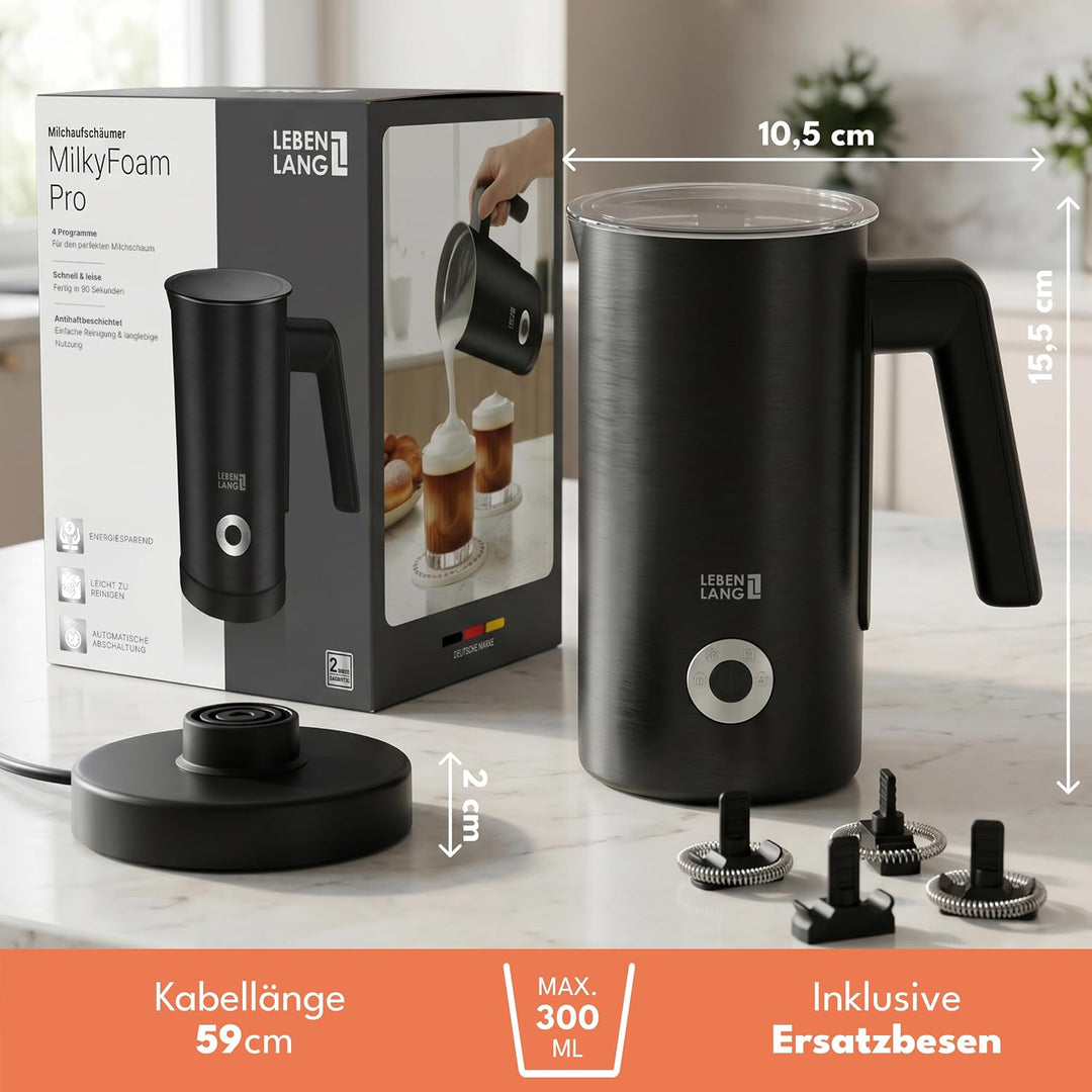 LEBENLANG Milchaufschäumer Elektrisch 4-in-1-300ml & 500W I Antihaftbeschichtet + 3 Ersatzschäumer I