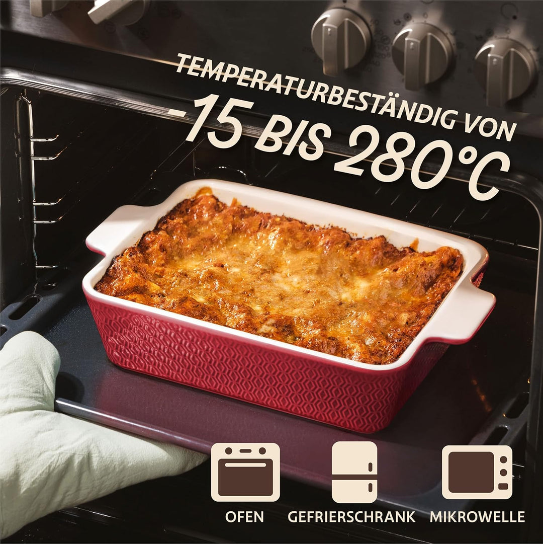 Auflaufform Gross aus Keramik - Extra Hoher Rand - Für Lasagne, Tiramisu & Auflauf - Eckig - Rot, Ro