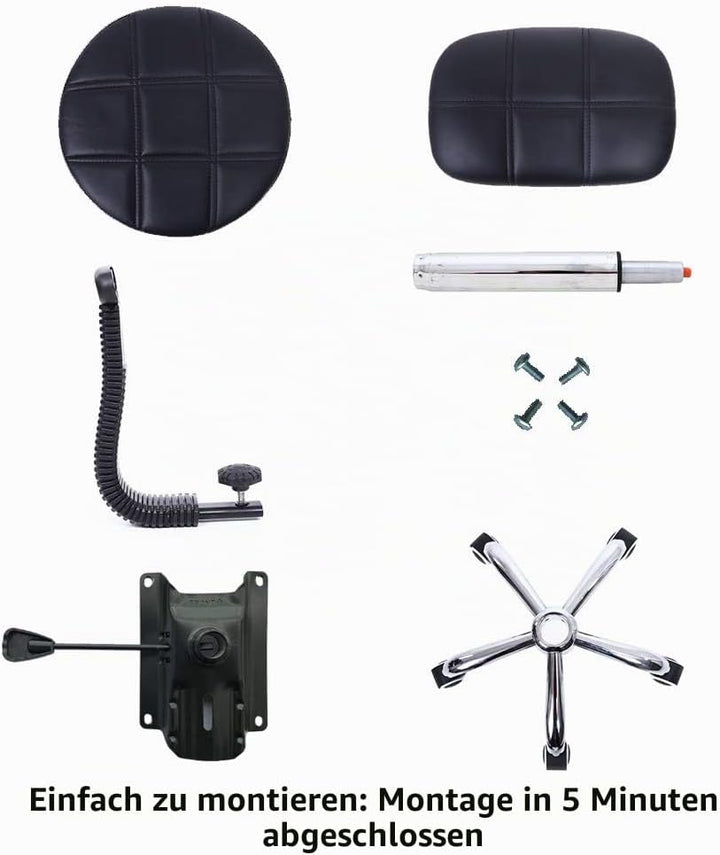 KKTONER Rollhocker mit Rückenlehne Höhenverstellbarer 50-64cm Schwarz | 360° drehbar Salon Hocker PU