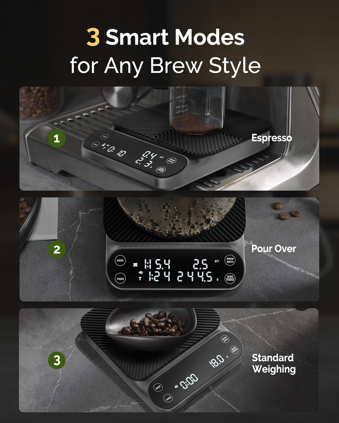 Maestri House S3 Kaffeewaage mit Timer, 3kg/0,1g Wiederaufladbar Digitale Espresso Waage, 3 Brühmodi