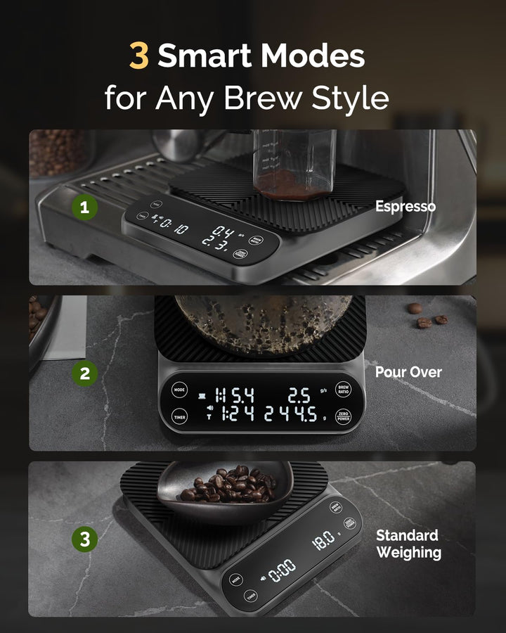 Maestri House S3 Kaffeewaage mit Timer, 3kg/0,1g Wiederaufladbar Digitale Espresso Waage, 3 Brühmodi