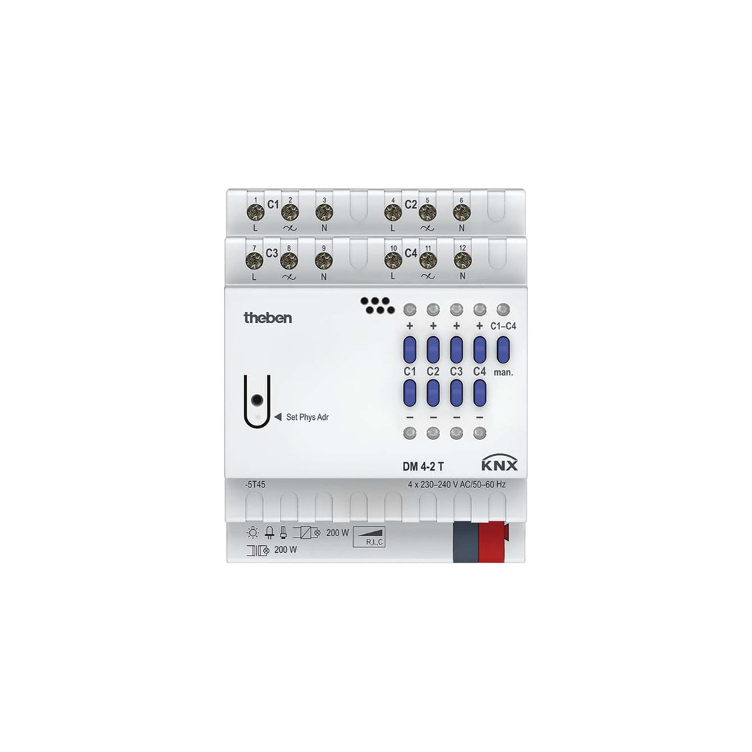 Theben 4940280 DM 4-2 T KNX 4-fach Universal-Dimmaktor FIX 1 mit Dimmbereich 0-100%, Vorschaltgerät,