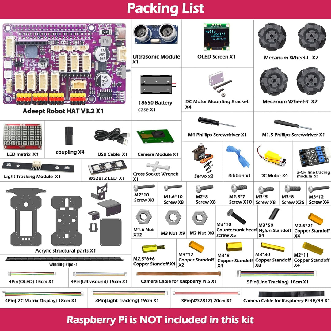 Adeept 4WD Mecanum Wheel Smart Car Kit für Raspberry Pi 5/4B/3B/3B+ (Board nicht im Lieferumfang ent