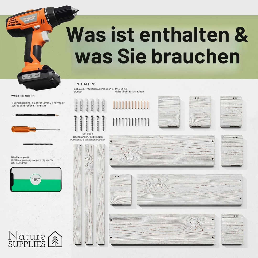 NATURE SUPPLIES Set 3 Rustikal Weiss Massivholz-Wandregale - Kinderzimmer - Ideal für Bücher und Spi