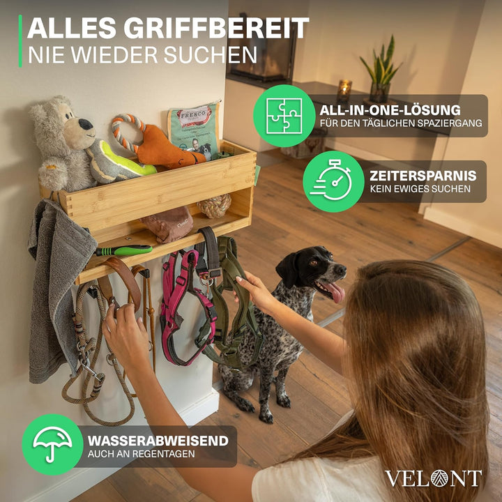 VELONT Hundegarderobe mit Ablage Personalisiert - Grösse XL - Perfekter Leinenparkplatz - Bambus - D