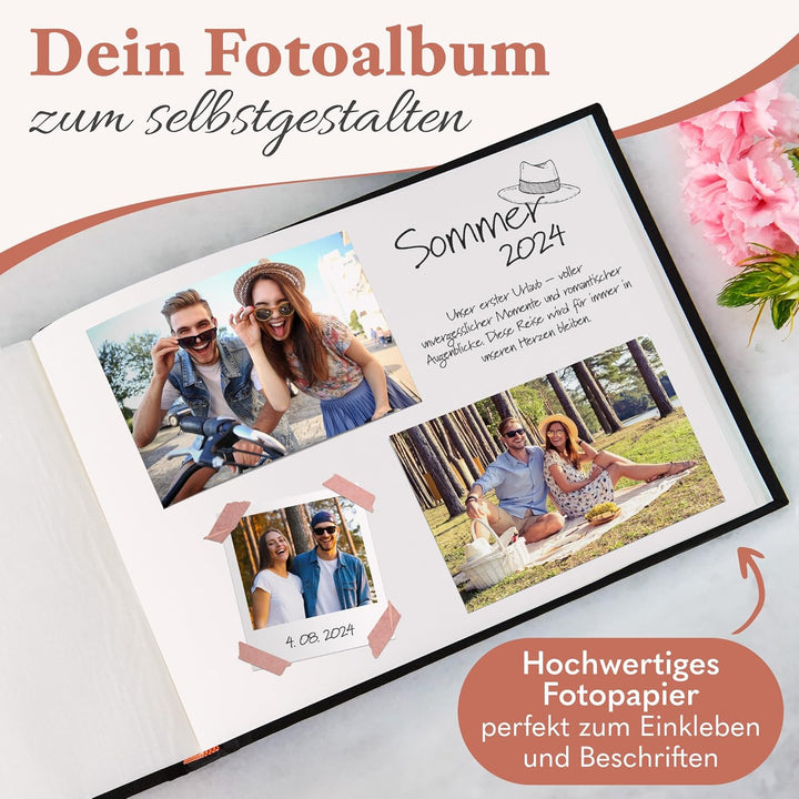 Fotoalbum zum Einkleben - Platz für 150 Fotos - echtes Leinen - Fotobuch 21 x 28 cm in Schwarz - 50