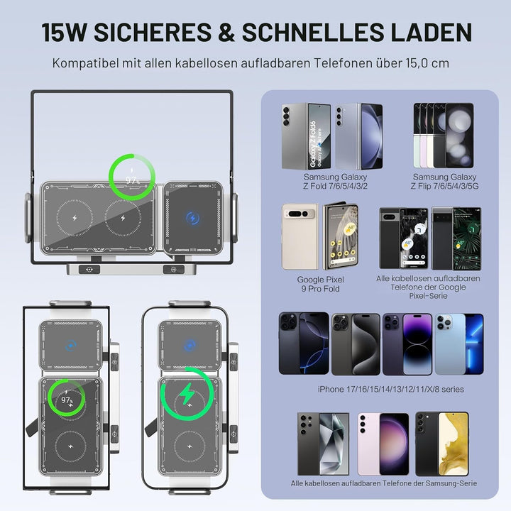 KFZ Handyhalterung für Samsung Galaxy Z Fold 7/6/5/4, 90° drehbar mit kabellosem Laden, 2-in-1 Lüftu