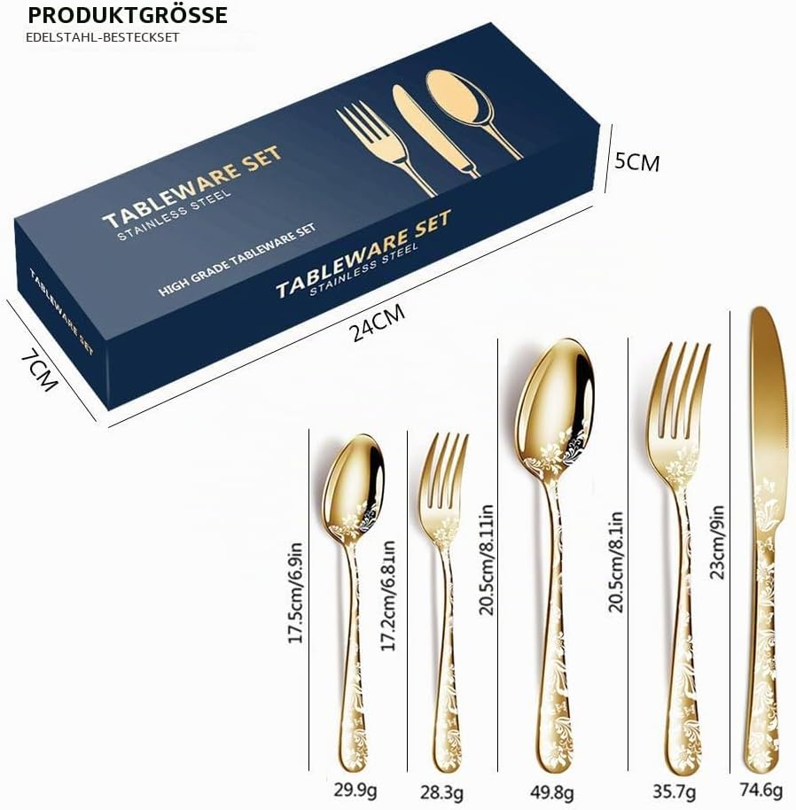 Aoresac Besteck-Set für 4 Personen, 20 Stück, aus Edelstahl, poliertes Muster, mit Blumenspiegel, in