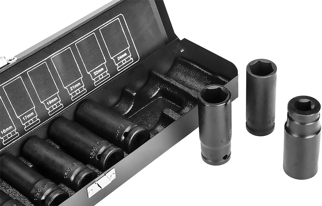 Set Lange Steckschlüsseleinsätze 1/2 – 10/24 mm – 11PZ – Auswirkungen Werkzeug Luft NEO