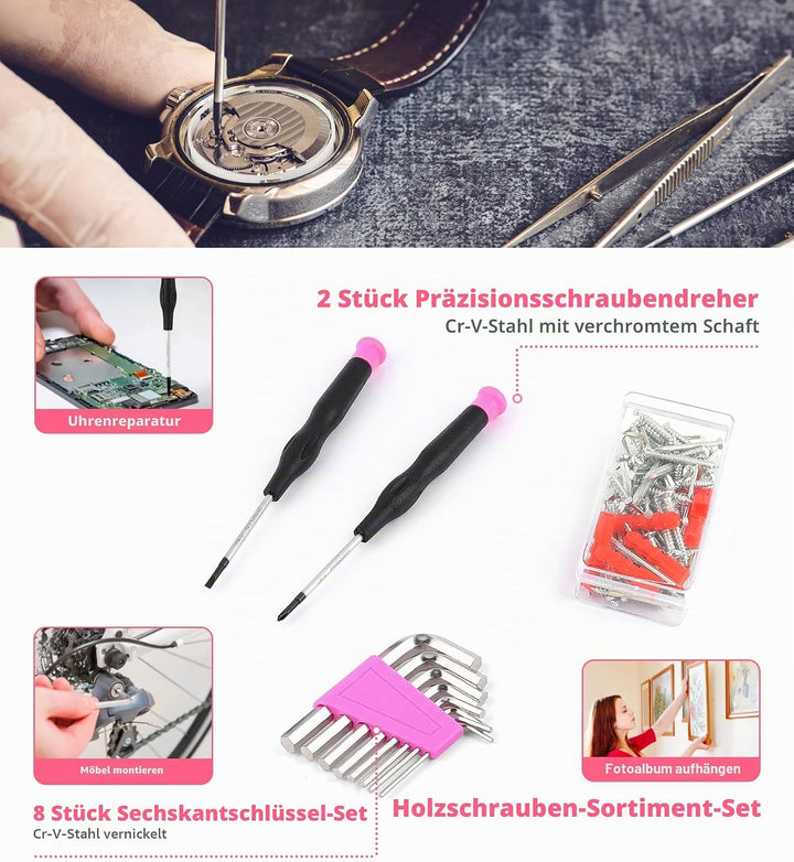 DOWELL Rosa Werkzeugset für Damen, Mädchen, Damen, 123-teilig, mit Werkzeugkoffer
