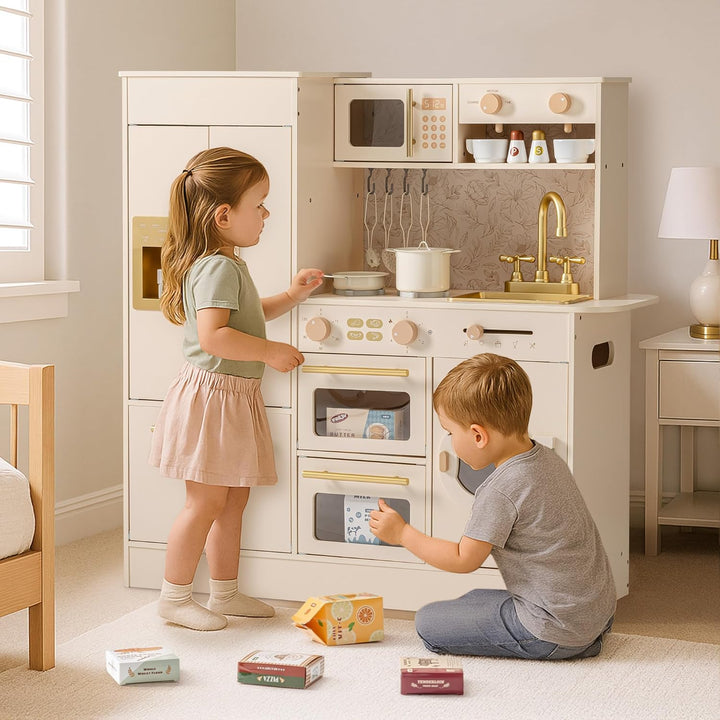 ROBUD Kinderküche aus Holz, Spielküche für Kinder mit 17 realistischen Zubehörteilen, Küchenspielzeu