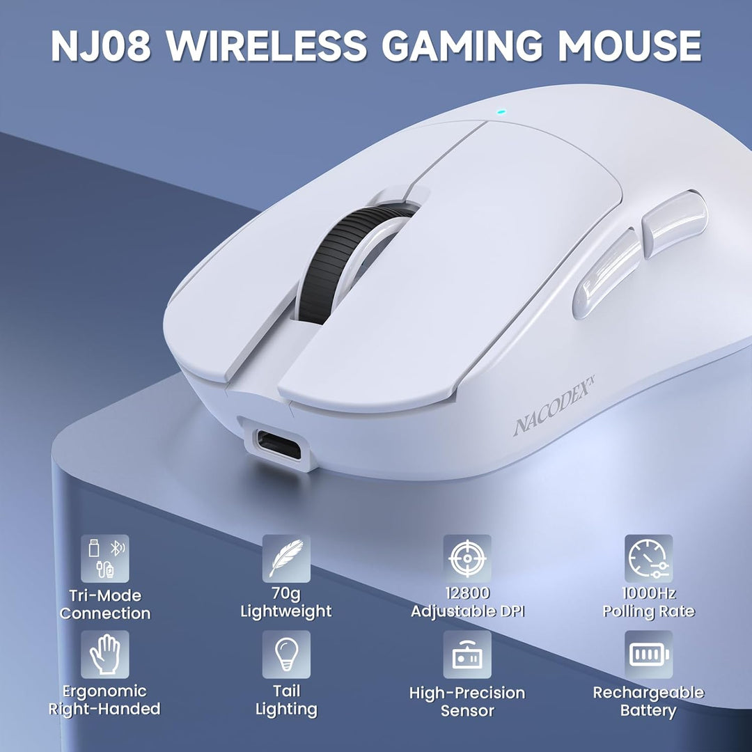 A.JAZZ NJ08 Tri-Mode Kabellose Gaming Maus, 1000Hz 70g Leicht, PC Mouse Mittel-Gross Ergonomisch, 12