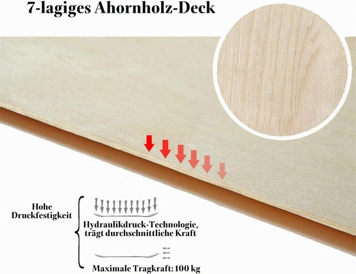 Sefulim 31 x 8 Zoll komplettes Skateboard 7-Schicht kanadischer Ahorn Double Kick Deck Concave Cruis