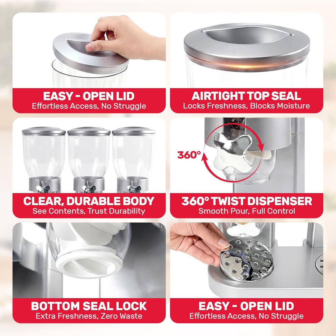 Sinceroduct Cereal Dispenser Countertop 2L, 3er Set Dreifacher Müsli Verteiler für die Arbeitsplatte