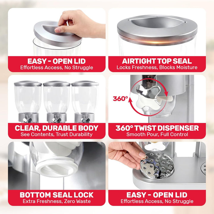Sinceroduct Cereal Dispenser Countertop 2L, 3er Set Dreifacher Müsli Verteiler für die Arbeitsplatte
