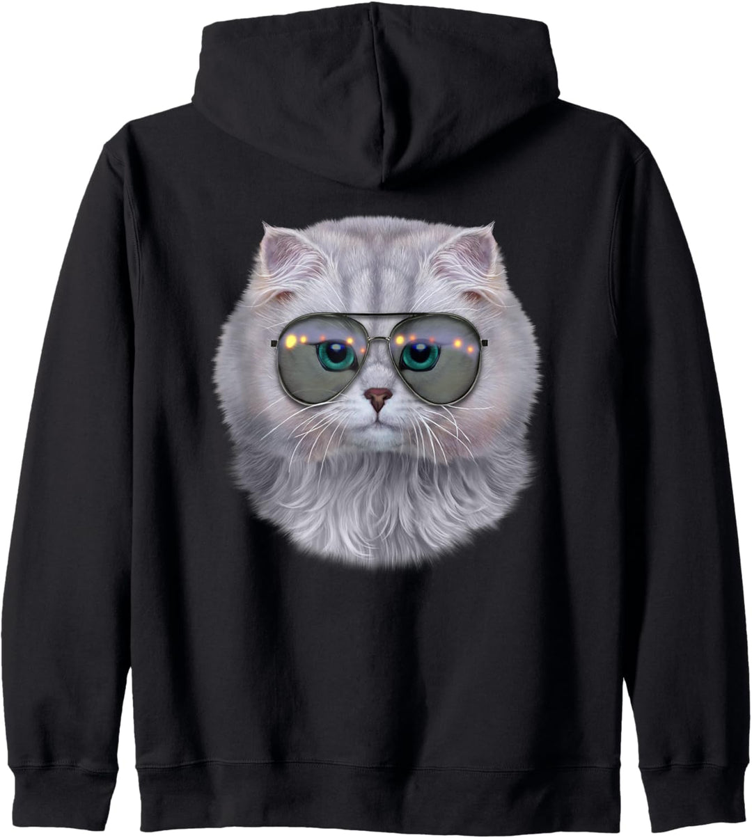 Weisse Katze, die Fliegersonnenbrille trägt Kapuzenjacke