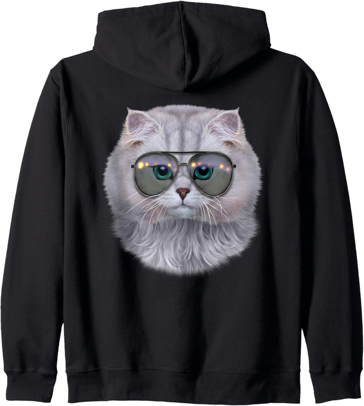 Weisse Katze, die Fliegersonnenbrille trägt Kapuzenjacke