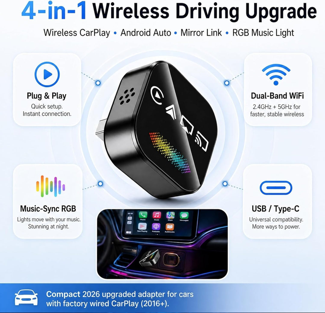 auvstar Wireless CarPlay Android Auto Adapter, Kabellos, 2026 Optimierter mit RGB LED, Mirror Link,