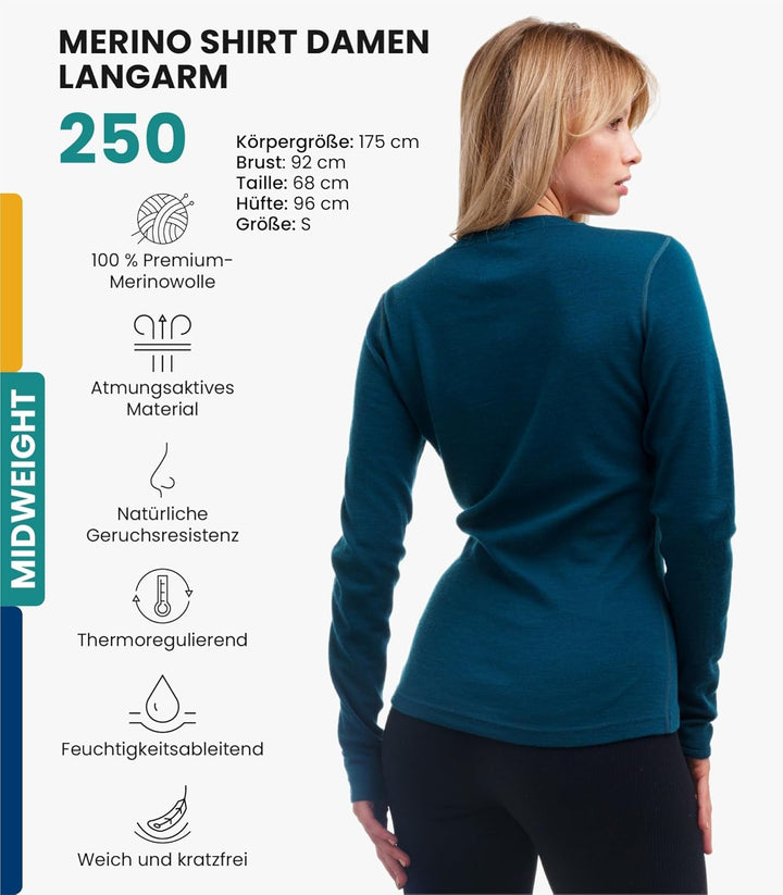 Merino.tech Merino Shirt Damen Langarm - Premium 100% Merino Unterwäsche Damen Leichte, Mittel, Schw