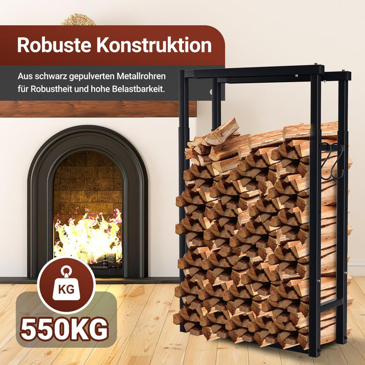 Verstellbare Kaminholzregal, 9 Grössen Einstellbar, Brennholz Holzhalter mit 4 Haken, Kaminholzständ