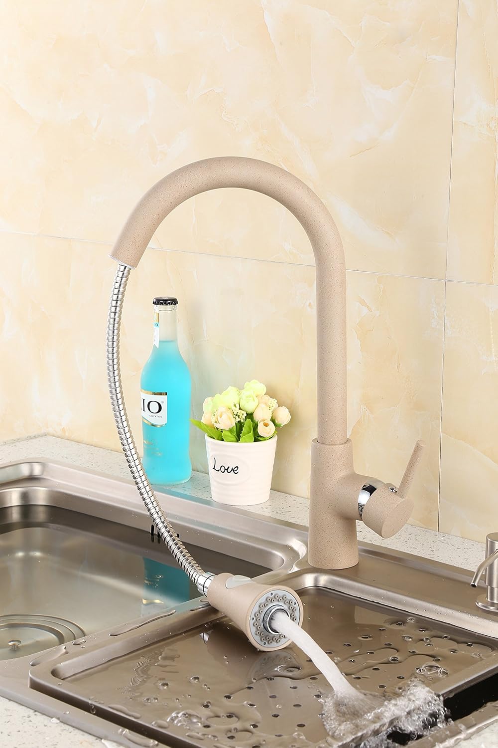ZXC Hochdruck Profi Küchen Armatur Einhand Mischbatterie mit ausziehbarer Brause in Granit Beige, Be