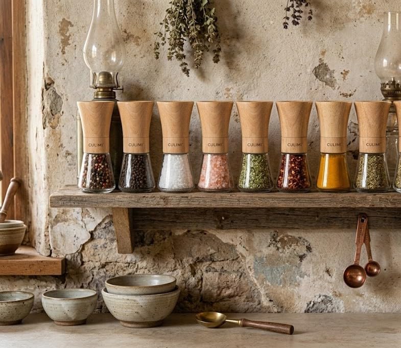 Salz und Pfeffermühle - Buchenholz Glas Gewürzmühle – Einstellbarer Mahlgrad Pfeffer Salzmühle – Mod