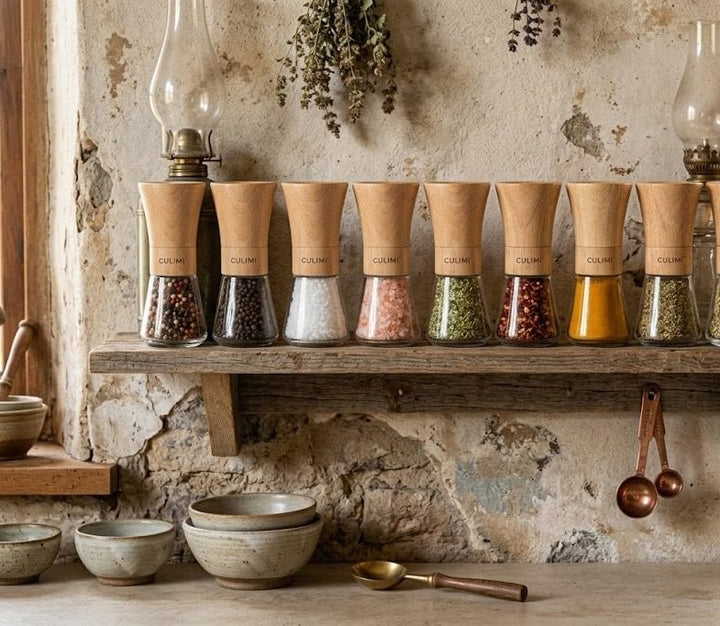 Salz und Pfeffermühle - Buchenholz Glas Gewürzmühle – Einstellbarer Mahlgrad Pfeffer Salzmühle – Mod