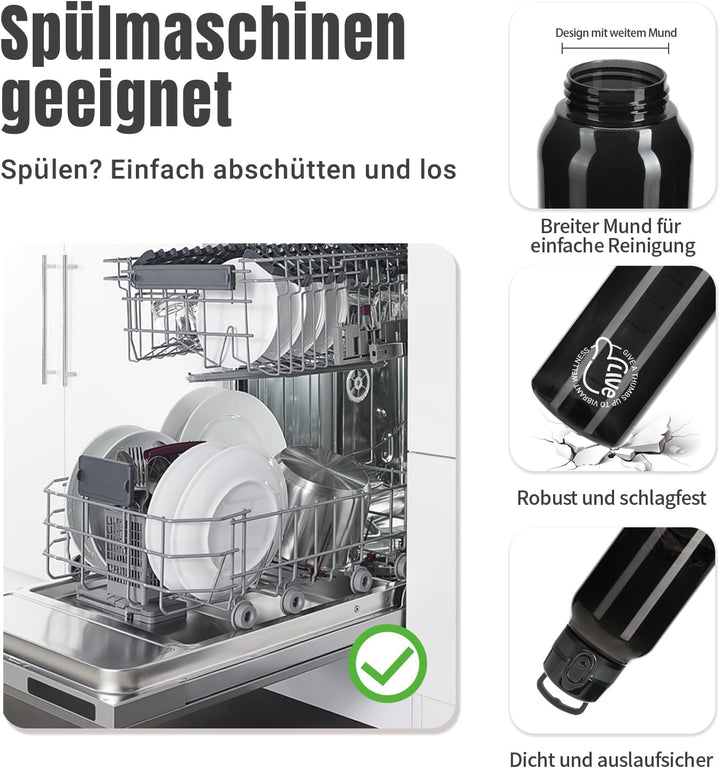 UZSPACE Trinkflasche Sport 1L, Tritan Bpa-Frei Trinkflasche Auslaufsicher mit Einhandbedienung, Kohl