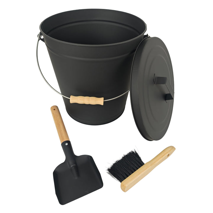 Relaxdays Ascheeimer mit Deckel, 20 Liter, inkl. Aschebesen & Kaminschaufel, Aschebehälter mit Henke