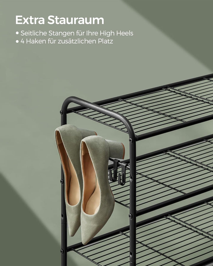 SONGMICS Schuhregal, Schuhständer mit 2 Ebenen, Metallregal mit 4 seitlichen Haken, für 10 Paar Schu